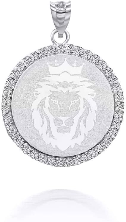 Solid 14K White Gold Diamond Accented Leo Zodiac Sign Charm King Lion Head Round Pendant Necklace (G-H Color, SI1-SI2 Clarity) - Choice of Pendant Only or Necklace Chain Length
