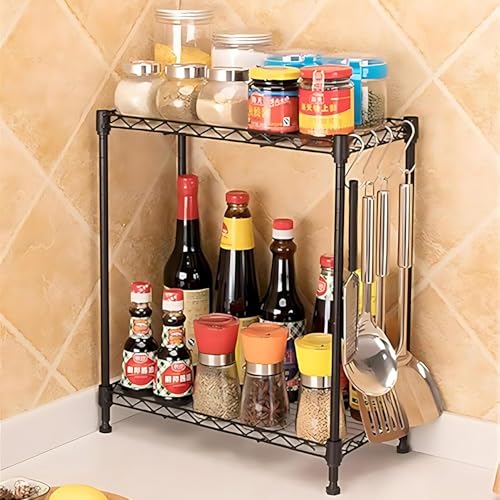 Image of Premium Heavy-Duty 2-Tier Black Metal Wire Storage Rack Shelf Organizer | Adjustable Multipurpose Freestanding Shelving Unit for Home, Office, Kitchen | Size 25 * 60 * 60 cm