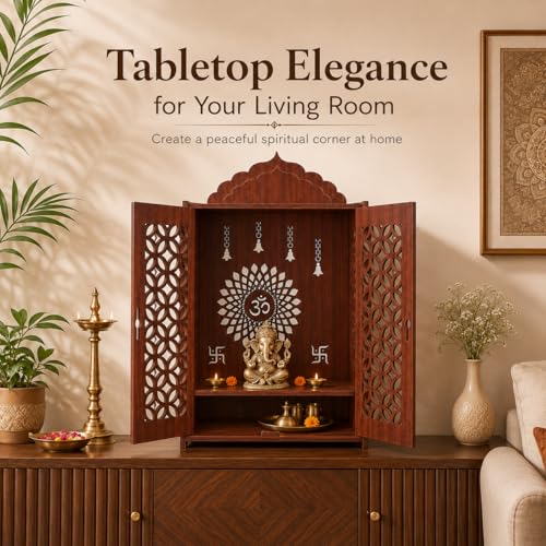 Image of The Castle Decor Wooden Mandir for Home, Premium MDF Home Temple with Double Doors for Pooja Room, Wall Hanging & Tabletop Temple, Matte Finish, 16.5 x 24.5 x 10.5 Inch