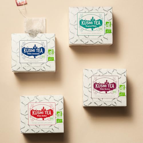 Kusmi Tea - White Bellini - Organic Blend of White Tea, Peach & Apricot - Organic Flavored White Teas - Enjoy Hot or Iced - Smooth, Flavourful Tea - 20 Tea Bags