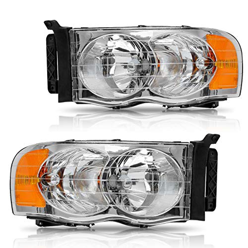 DWVO Headlight Assembly Compatible with 2002-2005 Dodge Ram 1500 2003-2005 Dodge Ram 2500 3500 Chrome Housing Amber Reflector