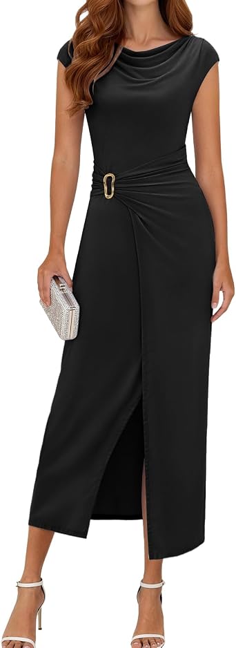 DRESSTELLS Womens Cocktail Dresses, 2026 Summer Formal Wedding Guest Church Party Cowl Neck Slit Midi Dress
