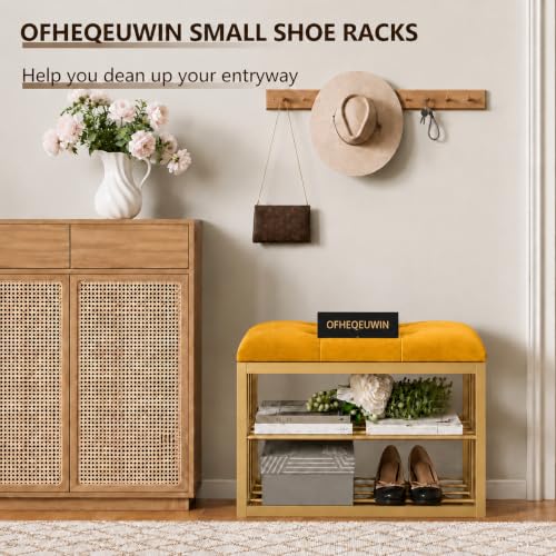 Image of Modern Shoe Rack: Covered Velvet Stool with a Cushioned Seat for Setting Stool, Space-Saving Wrought Iron Shoe Rack The Hallway, Bedroom, and Living Room -Yellow