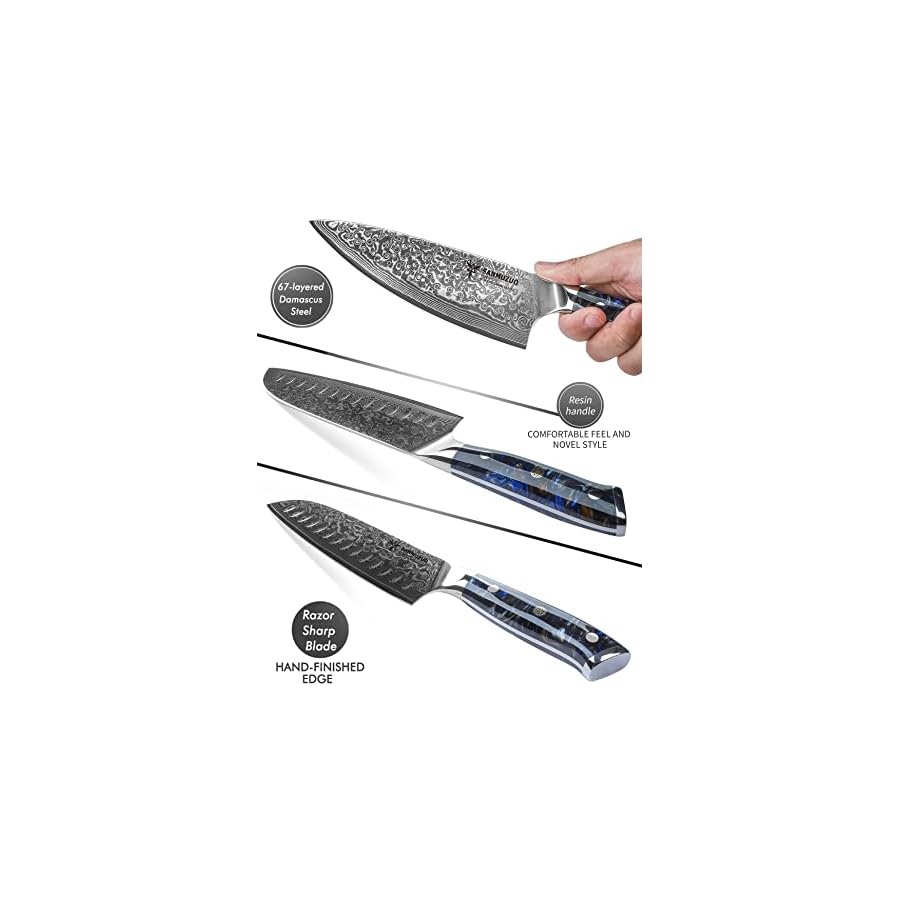 SANMUZUO Chef Cooking Knives Set- Kitchen Knife Set of 5 Piece - Ultra-Sharp VG10 Damascus Steel & Resin Handle - Xuan Series (Starry Black)