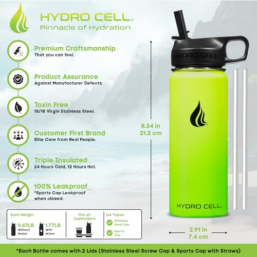 Image of HYDRO CELL Stainless Steel Insulated Water Bottle with Straw - For Cold & Hot Drinks - Metal Vacuum Flask with Screw Cap and Modern Leakproof Sport Thermos for Adults (Neon 18oz)