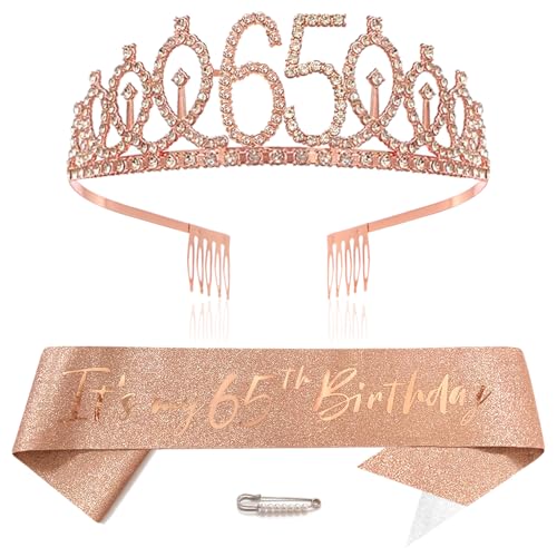 Or rose 65e anniversaire couronne et écharpe filles 65e anniversaire décoration strass anniversaire diadème princesse couronne reine tiare d'anniversaire filles 65 ans décoration fête vêtements