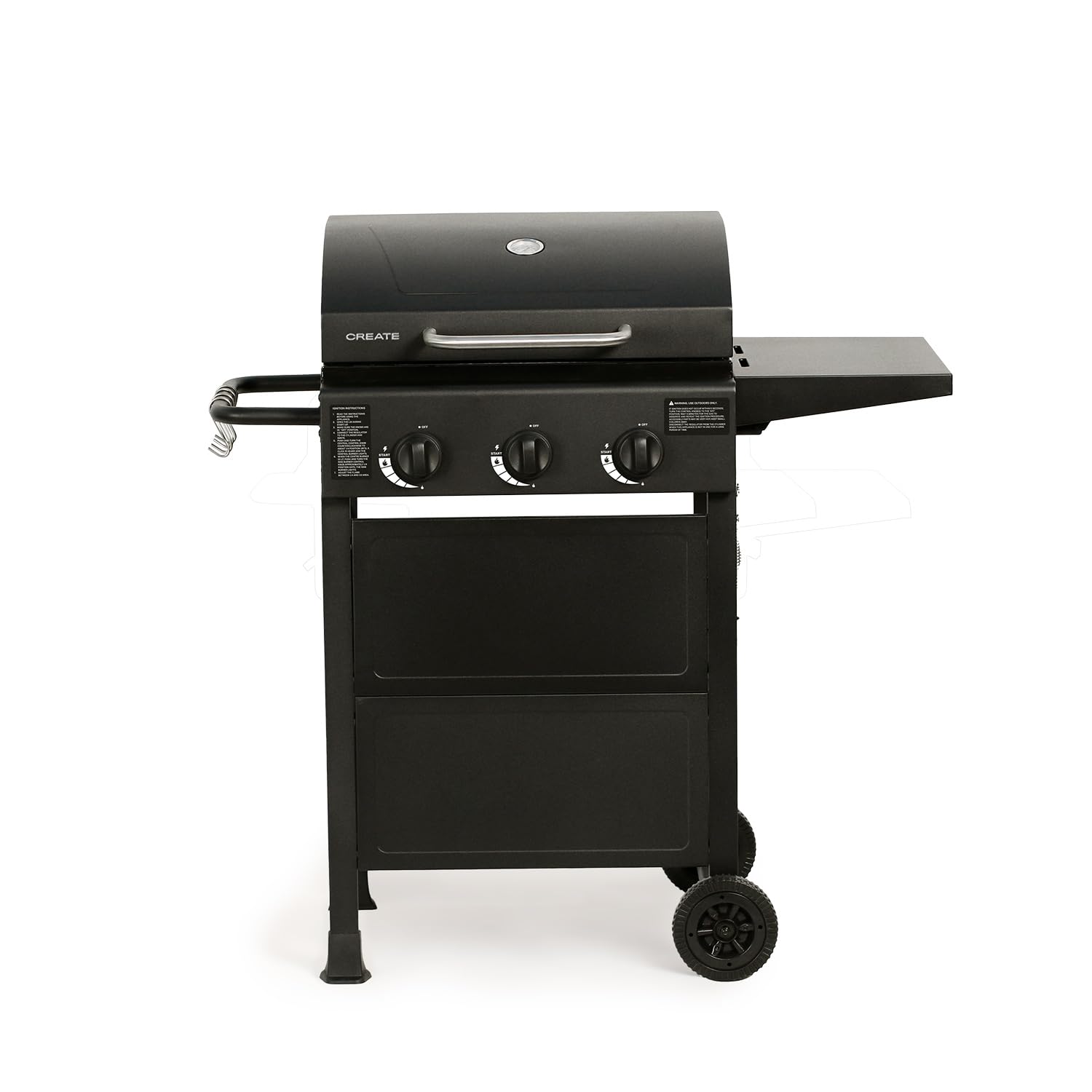 CREATE/BBQ GAS BURNER/Barbacoa de gas de 3 quemadores y mesa abatible/Encencido con botón, gran superficie de cocinado, rejilla de calentamiento, 9kW