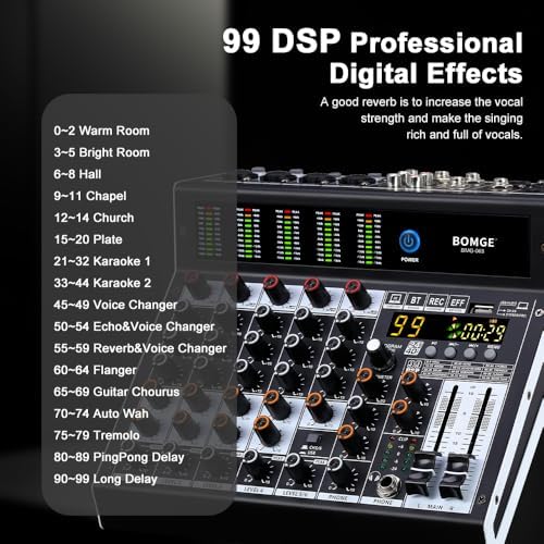 Bild 4 - BOMGE Professioneller Audio-Mixer, 6-K-Mischpult mit 99 DSP-Effekt, +48 V Phantom, Bluetooth, USB-Schnittstelle. 2 AUX.FX-Prozessor für Studioaufnahmen und Live-Auftritte