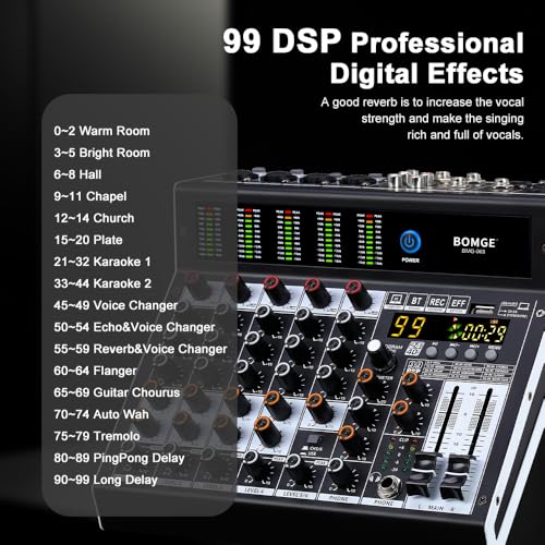 BOMGE Professioneller Audio-Mixer, 6-K-Mischpult mit 99 DSP-Effekt, +48 V Phantom, Bluetooth, USB-Schnittstelle. 2 AUX.FX-Prozessor für Studioaufnahmen und Live-Auftritte