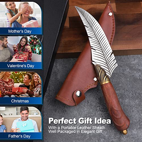 ROCOCO Feather Viking Boning Knife Japanese Forged in Fire Fancy Handmade Butcher Cleaver with Sheath Kitchen Outdoor Camping BBQ Collection Birthday Father Mother Christmas Day Gift 5.9\" - Thumbnail 7