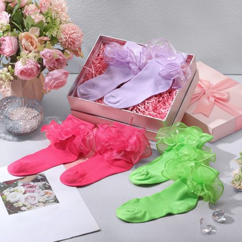 Image of Geyoga 3 Pairs Women Big Ruffle Socks Turn Cuff, Double Lace Ankle Cotton Frilly Socks for Ladies Summer