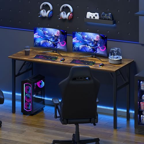 Image of Need Office Computer Desk 60 Inch Sturdy Folding Laptop Table Retro | Black Frame Writing Gaming Work Table /Foldable Home Office Desk /Sewing Table, No Assembly Required