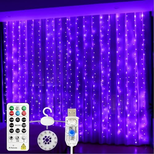 SINAMER Curtain Lights Indoor 3m×3m 300LED Tangle-Free Fairy Lights with Remote & DIY Timer USB Plug in 8 Modes Hanging Twinkle String Lights for Bedroom Christmas Wedding Party Purple