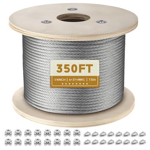 KALLSDY 1/4' Stainless Steel Cable, 350FT Wire Rope Aircraft Cable with Cable Clamps and Thimbles for Backyard Zipline, String Lights and Deck Railing, 6x37 Strands Construction