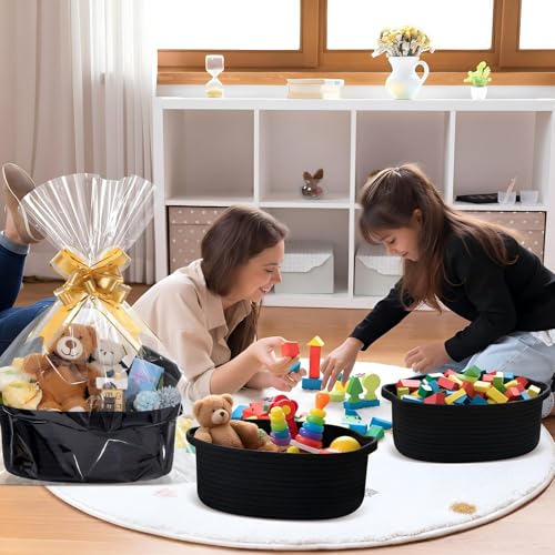Image of Colingmill Woven Basket with Gift Bags and 2 Ribbons, Raffia Grass Paper Shred Filler, Gift Card, Empty Small Rope Basket for Storage Presents Toy Organizer(Black,12 * 8 Inch)