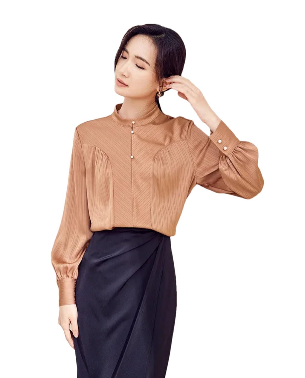 Blusa de manga larga con botones para mujer, cuello alto, a rayas, para el trabajo y la oficina