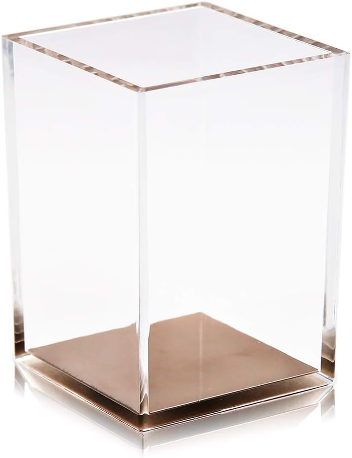 Coideal Acrylic Pen Pencil Holder Cup/Desktop Stationery Makeup Brush Storage Organizer Caddy Box for Desk Table, Office School Supplies, Home Bedroom (Clear with Rose Gold Bottom)