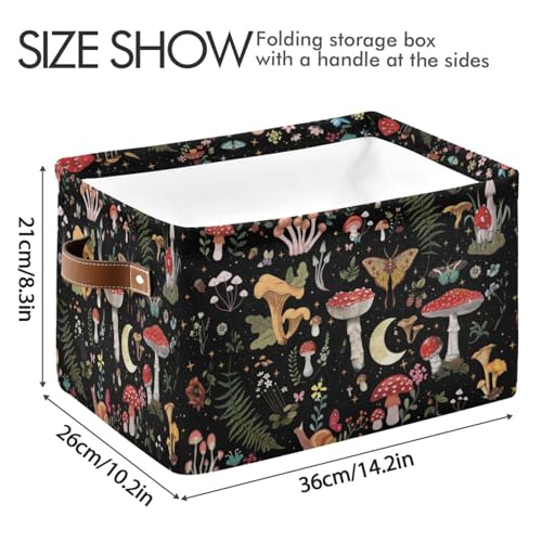 Image of Mushroom Gothic Witch Storage Basket Bin for Shelves Closet Fern Leaves Foldable Fabric Storage Box Cube with Handles Kids Gifts Toy Clothes Shelf Basket Organizer for Bedroom Nursery Home Decorative
