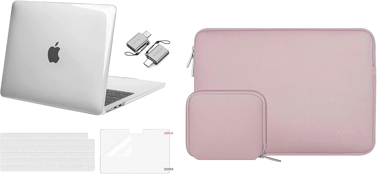 MOSISO Compatible with MacBook Air 13.6 inch Case 2022 Release A2681 M2, Neoprene Sleeve Bag with Small Case&Plastic Hard Case&Keyboard Cover&Screen Protector&Type C Adapter 2 Pack,Crystal Clear&Pink