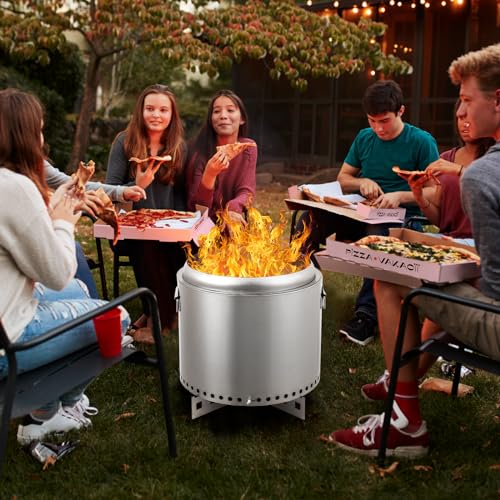 16.5" Smokeless Fire Pit, Portable Backyard Fire Pit with Handle, Wood Burning Stainless Steel Fire Pit with Poker and Removable Stand for Camping, Garden, Patio