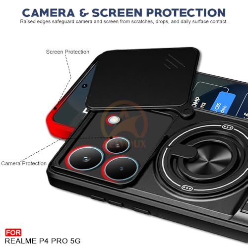 Image of Realme P4 Pro 5G Back Cover | Armor Camera Slider 360 Degree Rotating Finger Ring Holder Case with Bracket Stand Back Case Cover (Compatible with MagSafe Accessories) (Black)