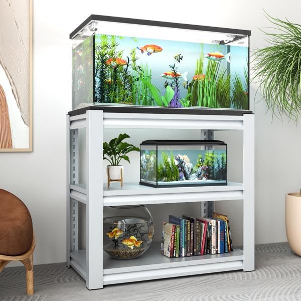 40-50 Gallon Fish Tank Stand – Heavy Duty Metal Aquarium Stand with Adjustable 3-Tier Shelf, 660 lbs Capacity, Reptile Tank & Aquarium Rack for Home or Office (White)
