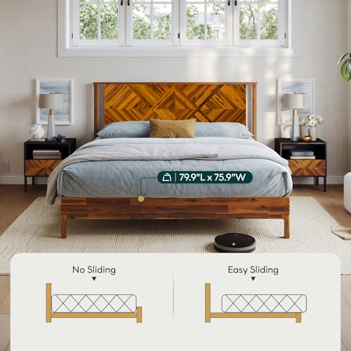 Image of Bme Ethan King Size Bed Frame with Diamond Headboard, Rustic Mid Modern, Solid Acacia Wood, No Box Spring Needed, Slat Support, Rustic Caramel