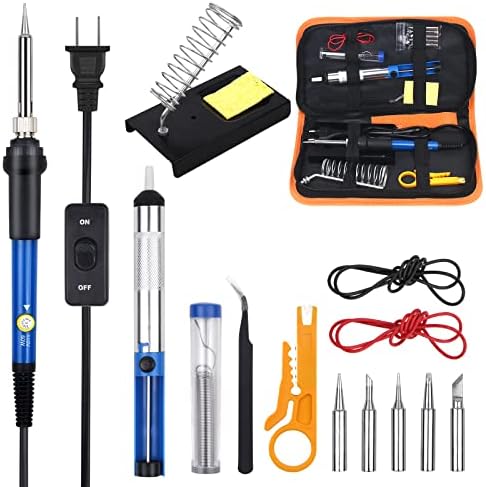 Soldering Iron Kit, TBTEEK 60W Welding Iron Kit Electronics with On-Off Switch & Adjustable Temperature, 5pcs Solder Iron Tips, Soldering Iron Stand, Desoldering Pump, Tweezers, Solder Wire, Carry Bag
