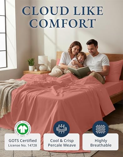 Image of LANE LINEN 100% Organic Cotton Fully Elasticized King Sheet Set, Low Pilling Fade Resistant Machine Washable Naturally Cooling King Bedding Set, Mercerized Soft & Comfy Cotton Sheets - Rose Dawn