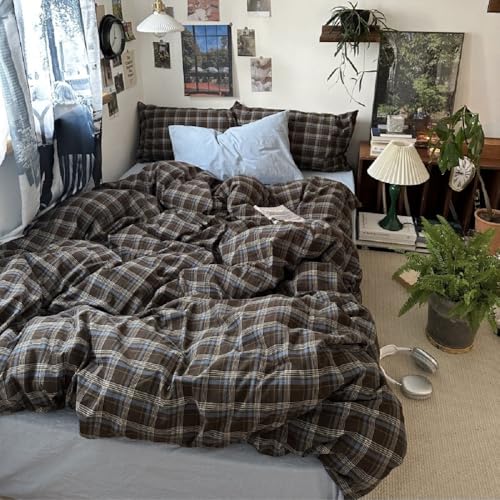 Image of Gingham Duvet Cover Set King Size Brown Blue Bedding Set for Girls Boys,Vintage Buffalo Plaid Duvet Comforter Cover with Grid Pattern with Zipper Closure and 2 Pillowcases