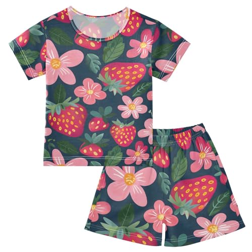 ALAZA Cartoon Strawberry Blossom Leaf Pajamas Short Sleeve 2 Piece Sleepwear Top and Bottom Pajama Set Unisex