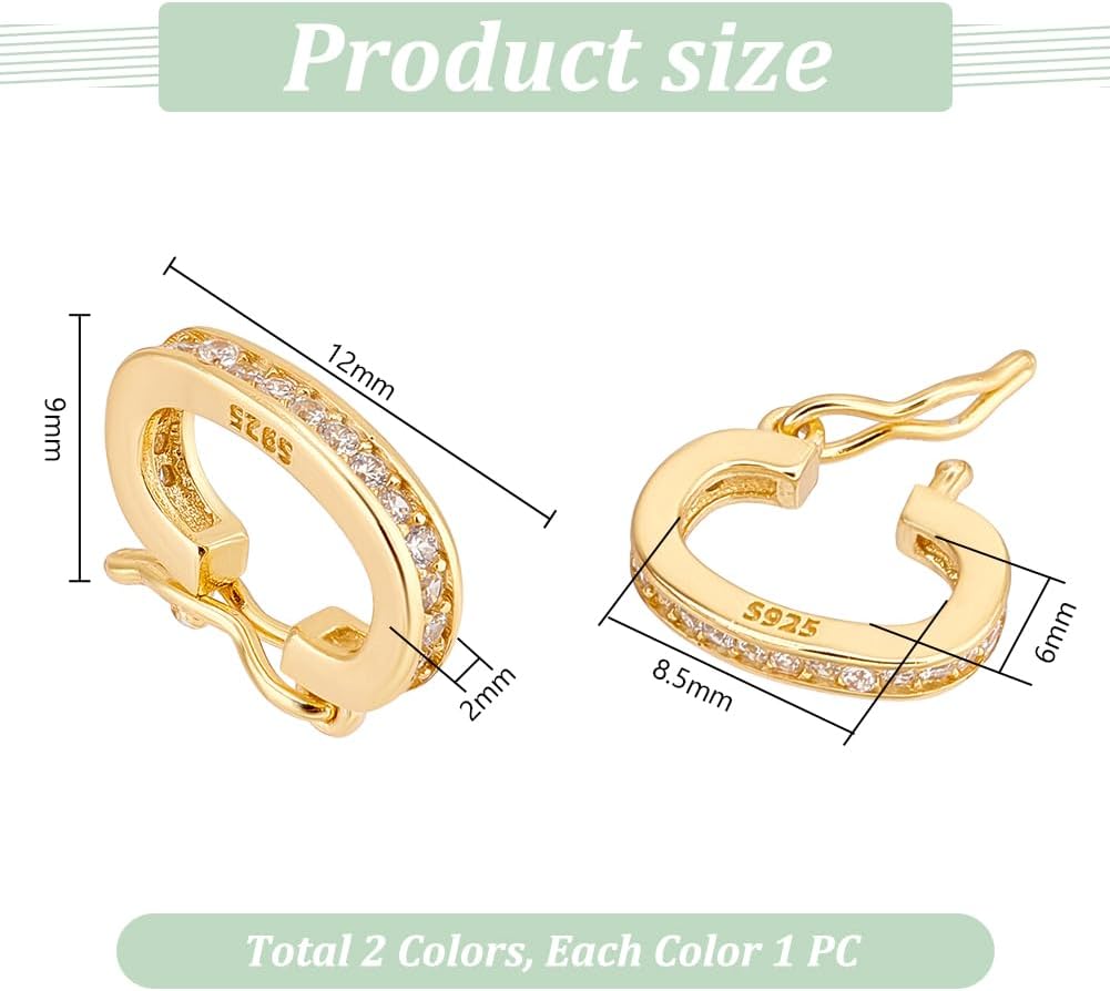 PH PandaHall 2pcs 925 Sterling Silver Enhancer Clasps, 12x9mm Jewelry Clasps Cubic Zirconia Clasps Connector Bracelet Clasp Pendant Spring Clasps for DIY Jewelry Findings Crafts Making, Golden/Silver - Image 2