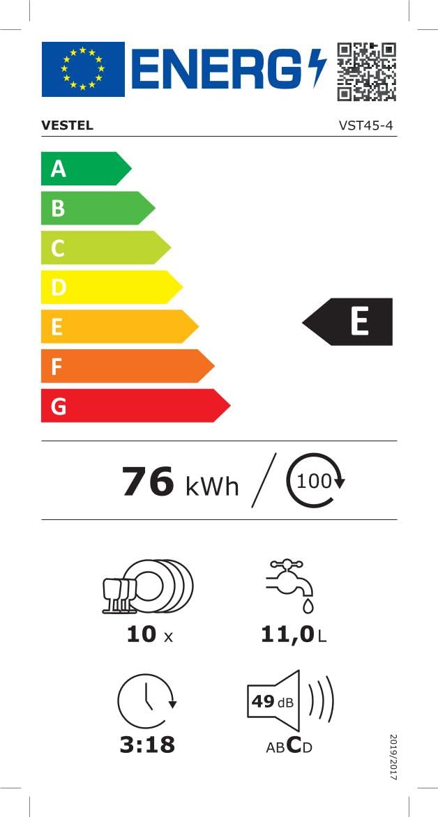 Vestel VST45-4 teilintegrierter Geschirrspüler 45 cm 10 Maßgedecke 4 Programme Energieklasse E