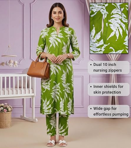 Image of DUMMY SHAPE Feeding Kurtis for Women Cotton Blend | Floral Kurta Pant Dupatta Set with Nursing Zippers to Pre & Post Partum | Maternity Dresses | Mom to Be Gifts for Pregnant Woman