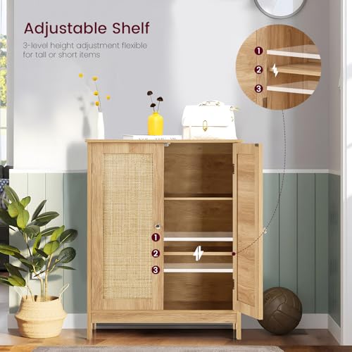 Iwell Storage Cabinet, Rattan Cabinet with Adjustable Shelf, Floor Storage Cabinet, Bathroom Storage Cabinet, for Living Room, Entryway, Kitchen, Home Office, Nature