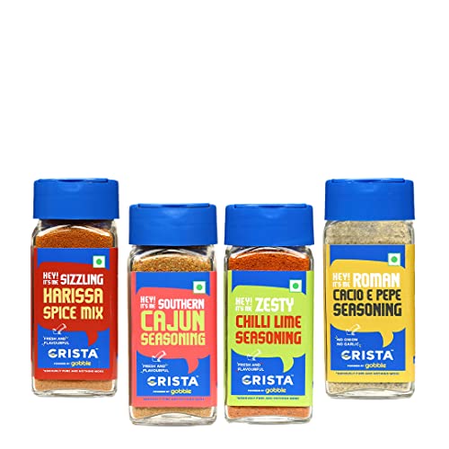 Image of CRISTA International Seasonings Combo Pack - 2 | Cacio e Pepe Seasoning x 1, 40 gms | Cajun Seasoning x 1, 45 gms | Chilli Lime Seasoning x 1, 50 gms | Harissa Spice Mix x 1, 45 gms | Pack of 4