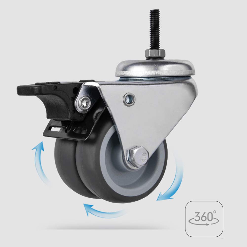 2‘’ 50mm Gewinde M10 Möbel Rollen Doppelrad Schwerlastrollen 200kg Leise TPR Gummi Lenkrollen mit Bremse Stahlhalterung Für Krippe Babybett Bürostuhl Tabelle Wagen Industrietransport 4 Stück