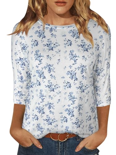 Image of JomeDesign Womens Tops 3 /4 Sleeve Shirts Round Neck Loose Casual Blouses Floral Print Tshirts