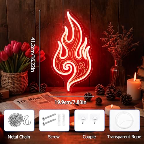 Image of Flame Neon Sign, Red LED Wall Decor, Dimmable USB Powered Flame Neon Light for Bedroom, Game Room, Man Cave, Bar, Party Decor, Unique Gift for Gamer, Friend