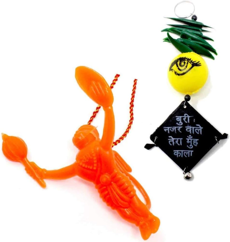 Yogic Mantra Flying Hanging Hanuman Idol for Car + Nazar Battu Nimbu Mirchi (1 Each) Buri Nazar Door Wall Hanging Showpiece Evil Eye Protection Talisman Drishti Kavach for Home & Office