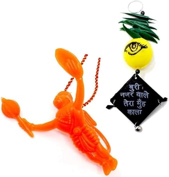 Orange Flying Hanuman Ji for Car Mirror | Nazar Battu Lemon Nimbu Mirchi