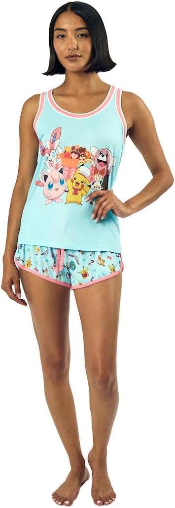 Pokemon Pajamas Women's Pikachu and Jigglypuff Kawaii Art Racerback Tank and Short Sleep Set