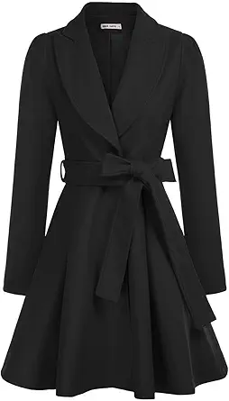 GRACE KARIN Women's Notch Lapel Long Puff Sleeve a Line Pea Coat with Self Tie Belt