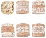 Diferentes diseños --- Los 5 rollos de la cinta de encaje de arpillera natural difieren en el área, la posición y el patrón de los cordones. Duradero y respetuoso con el medio ambiente, se puede utilizar muchas veces.