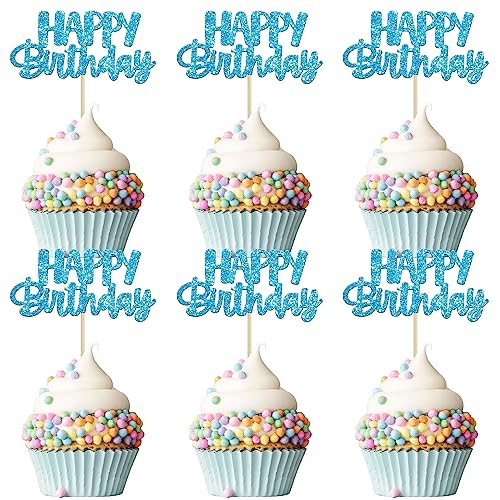 Gyufise 24Pcs Happy Birthday Cupcake Toppers Blue Glitter Birthday Cake Picks for Celebrating Birthday Party Baby Shower Party Decorations Supplies