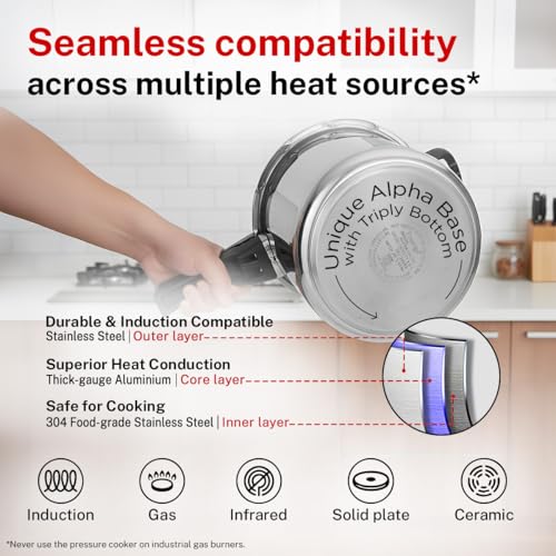 Image of Prestige 8 Litre Stainless Steel Deluxe Alpha Svachh Outerlid Pressure Cooker |Deep lid for spillage control|10 years warranty|Gas & Induction compatible|Gasket release system|ISI Certified