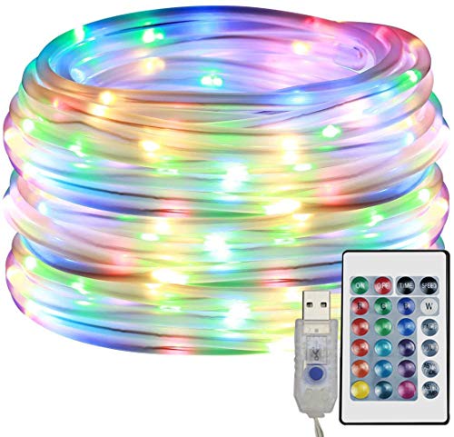 MYEMITTING LED Rope Lights, Multi Colored Indoor String Lights with Remote, 8 Modes, Waterproof, 33ft 100 LED USB Powered Fairy Lights for Bedroom, Garden, Patio, Kids Room, Christmas Decoration