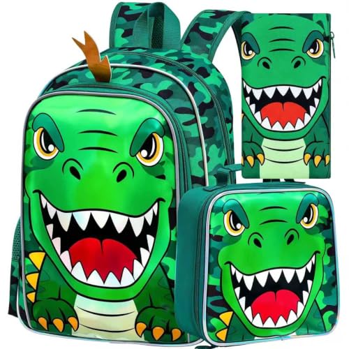 Image of 16 inch Dinosaur Backpack for Boys, 3Pcs Dino Kids Bookbag with Lunch Box, School Backpacks for Elementary Preschool Kindergarten (Green)