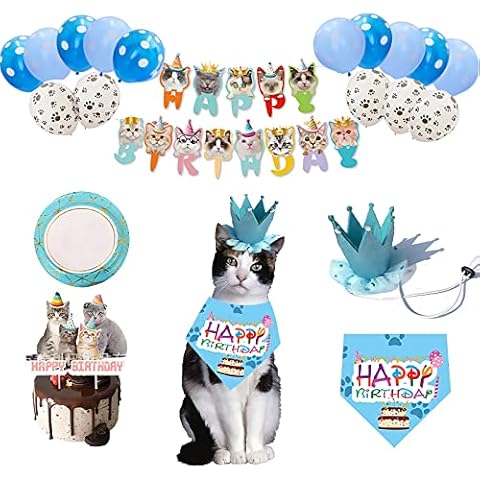 Cat Theme Birthday Party Supplies, Cat Party Decorations Set include Cat Happy Birthday Banner, Cat Birthday Balloons (Blue,20Pcs) Cover