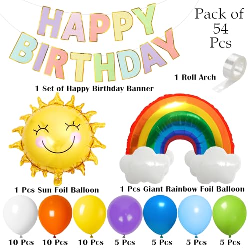 Image of Rozi Decoration Happy Birthday Rainbow Balloon Decoration Kit with Sun & Rainbow Foil Balloons | Multicolor Balloon Arch Set with Paper Banner | Kids Birthday Party Decoration Pack of 54 Pcs